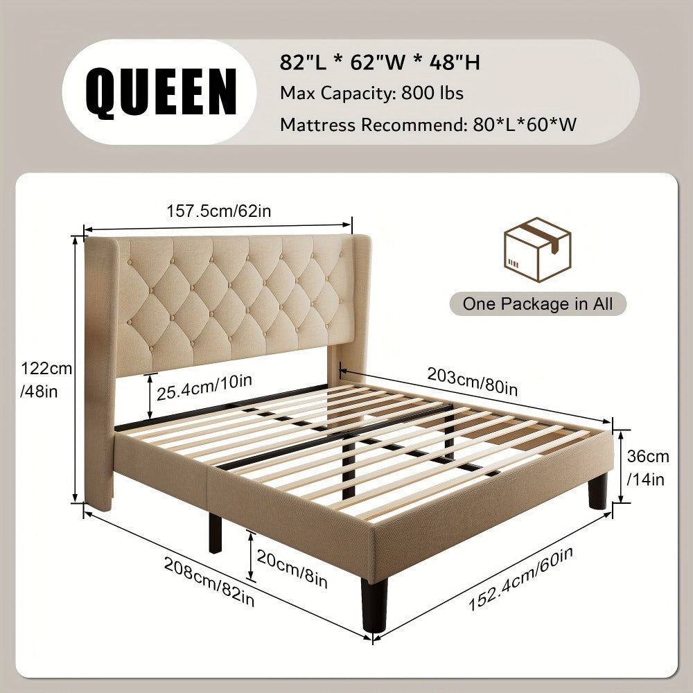 Modern Platform Bed Frame with 24-Inch Button-Tufted Headboard – Solid Wood Slats, Artistic Legs, Linen & Velvet, Dark Gray Light Grey Beige White Black, Full Queen King