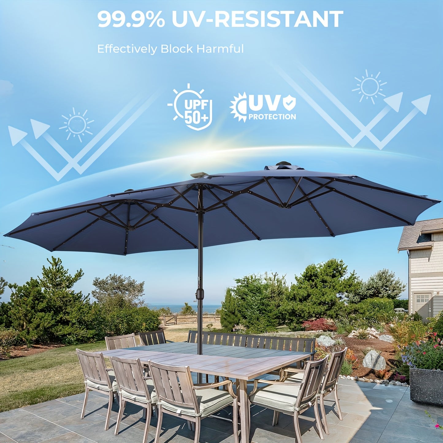 15ft Outdoor Double Sided Patio Umbrella With Base And 48 Solar LED Lights Lighted, 10 Hours Of Lighting, Large Patio Umbrella With Crank Handle, Market Table Umbrella, Powerful UV Protective, 12 Heavy-duty Ribs, For Lawn Garden, Deck, Poolside.