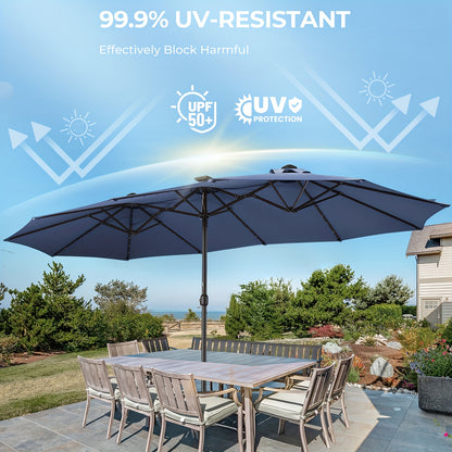 15ft Outdoor Double Sided Patio Umbrella With Base And 48 Solar LED Lights Lighted, 10 Hours Of Lighting, Large Patio Umbrella With Crank Handle, Market Table Umbrella, Powerful UV Protective, 12 Heavy-duty Ribs, For Lawn Garden, Deck, Poolside.