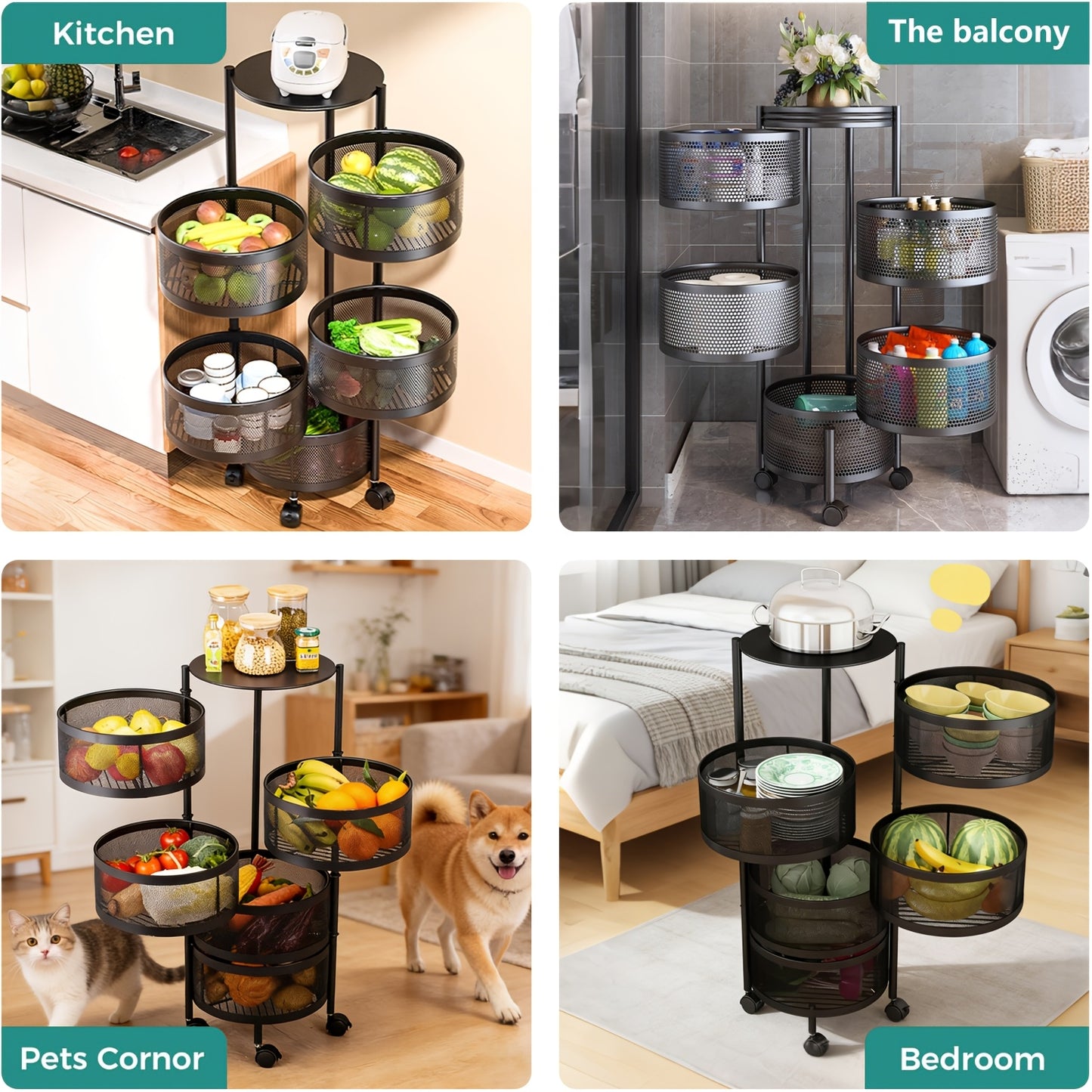 5-Tier Rotating Storage Cart | 360° Spinning Round Organizer with Wheels, No Assembly Required, Space-Saving Iron Frame, Ideal for Fruits, Vegetables, Documents - Freestanding, Ergonomic, Spray End storage and organization