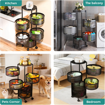5-Tier Rotating Storage Cart | 360° Spinning Round Organizer with Wheels, No Assembly Required, Space-Saving Iron Frame, Ideal for Fruits, Vegetables, Documents - Freestanding, Ergonomic, Spray End storage and organization
