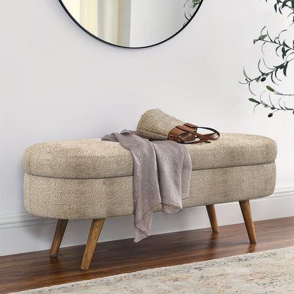 Oval Storage Bench with Linen Upholstery and Solid Wood Legs - Perfect for Hallway, Bedroom, or Living Room Organization