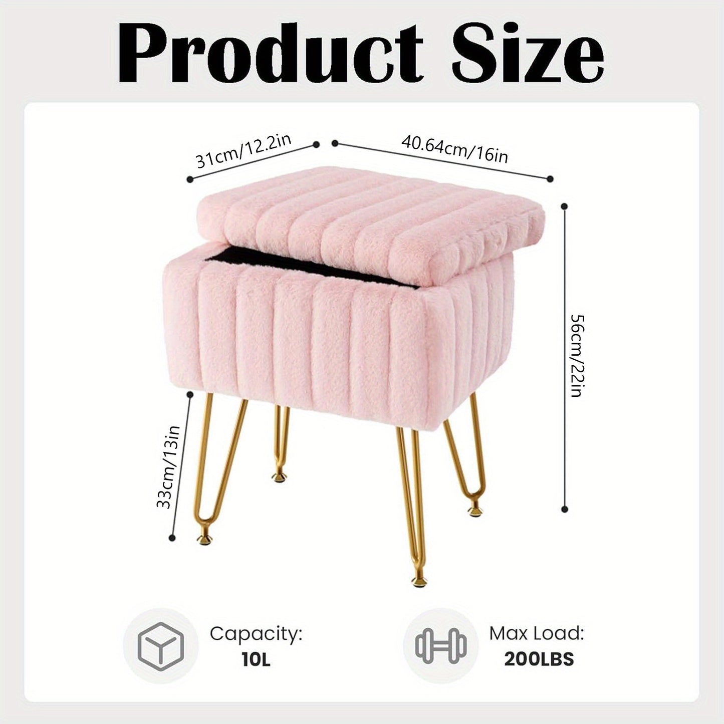 Vanity Storage Ottoman Chair | Makeup Vanity Chair with Metal Legs & Soft Faux Fur Surface, Flip Top Foot Rest with Soft Padded Seat for Bedroom Living Room, Ideal for Moms' Boudoir Glam Station & Bedroom Luxury Organization