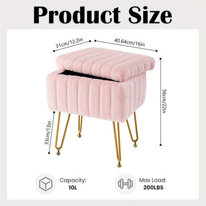 Vanity Storage Ottoman Chair | Makeup Vanity Chair with Metal Legs & Soft Faux Fur Surface, Flip Top Foot Rest with Soft Padded Seat for Bedroom Living Room, Ideal for Moms' Boudoir Glam Station & Bedroom Luxury Organization