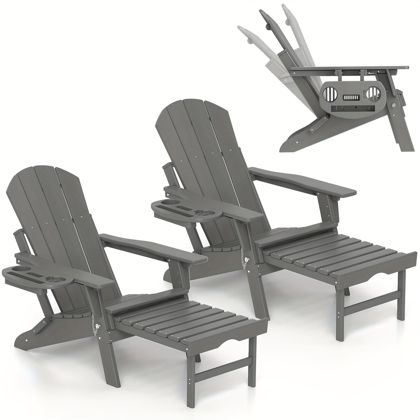 FOOWIN HDPE Adirondack Chair with Ottoman, Adjustable Backrest Adirondack Chair W/4in 1 Cup Holder Trays, All-Weather Resistant Adirondack Chairs for Outdoor, Patio, Lawn, Garden