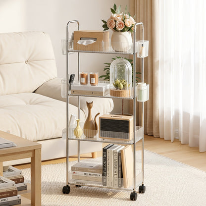 3-Tier Acrylic Rolling Storage Cart with 3 Hanging Boxes - Rolling Bathroom Cart for Cosmetics, Skincare & Snacks, 360° Wheels, Slim Utility Cart Under 27" Height