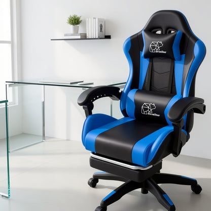 Ergonomic Gaming Chair with Lumbar Support & Optional Footrest – High Back Home Office Recliner for Adults & Teens, Fixed Armrests, Premium Padding, Black Blue, Black Orange, Black White