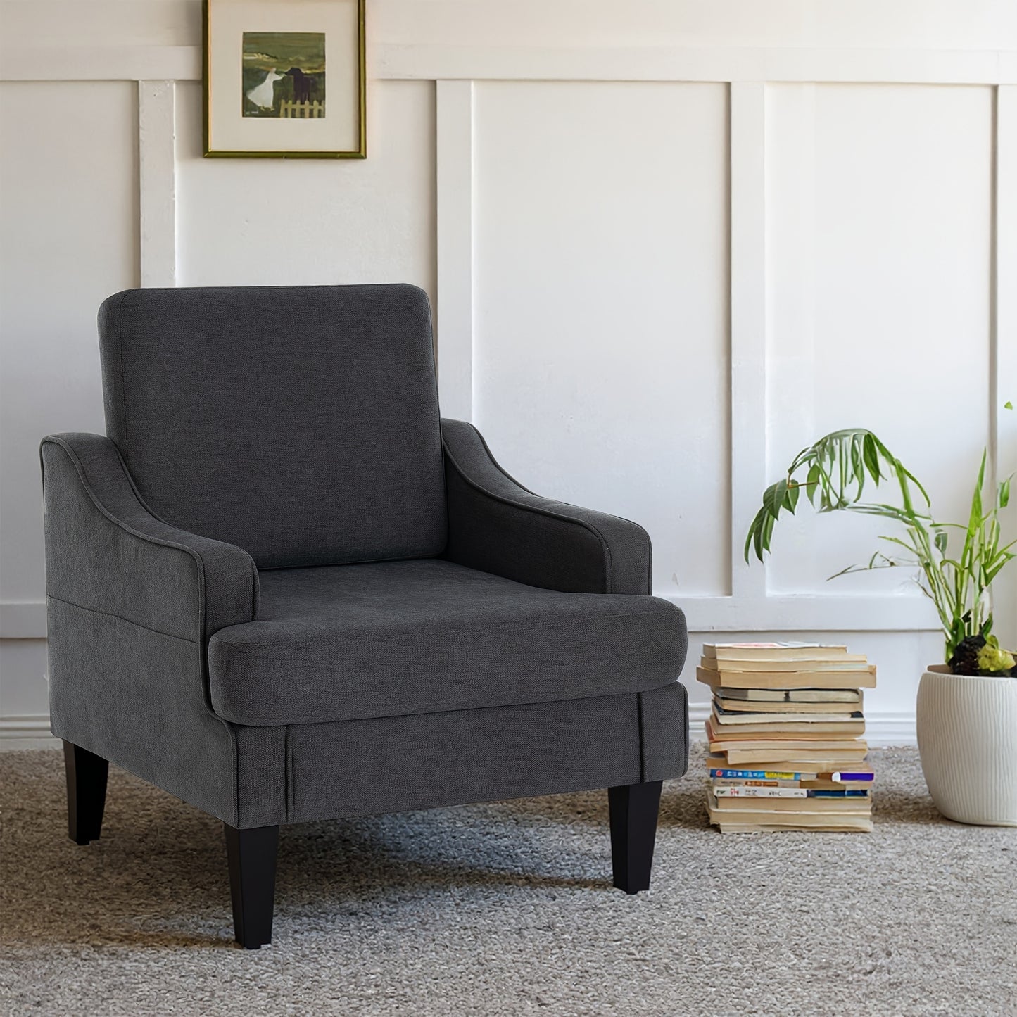 Mid-Century Modern Armchair, Plush Padded Accent Chair With Arms For Living Room Bedroom, Comfortable Lounge Chair For Apartment Waiting Room