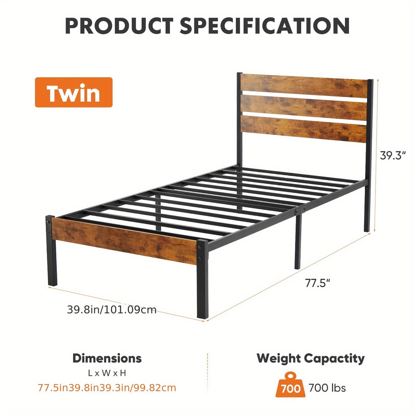 Metal Frame Bed Frame with Headboard, No Box Spring, Features Sturdy Wood Slats to Support 800 Lbs, Can Be Purchased Separately Or with a 2pcs Bedside Organizer (Fabric Drawer with 2 Storage Unit Compartments), Suitable for Bedroom, Living Room