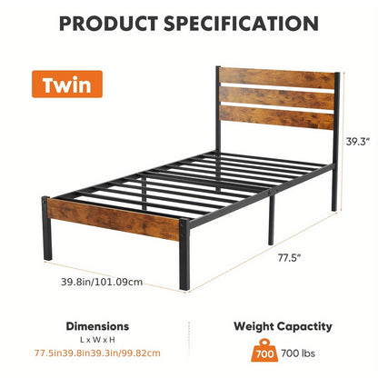 Metal Frame Bed Frame with Headboard, No Box Spring, Features Sturdy Wood Slats to Support 800 Lbs, Can Be Purchased Separately Or with a 2pcs Bedside Organizer (Fabric Drawer with 2 Storage Unit Compartments), Suitable for Bedroom, Living Room