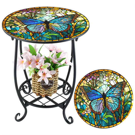 Outdoor Side Table - Round Mosaic Design, Perfect for Patios, Porches, Gardens, Living Rooms, And Bedrooms - Space-saving Modern Indoor/ Outdoor Furniture, Outdoor Patio Furniture, Garden Accessories