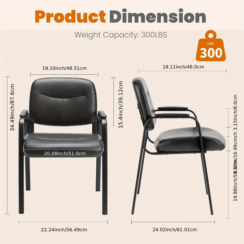 Waiting Room Chairs Set of 2, Leather Guest Chair with Padded Arms – No Wheels Reception Chair for Office, Conference Room, Lobby, Salon & Home, Black