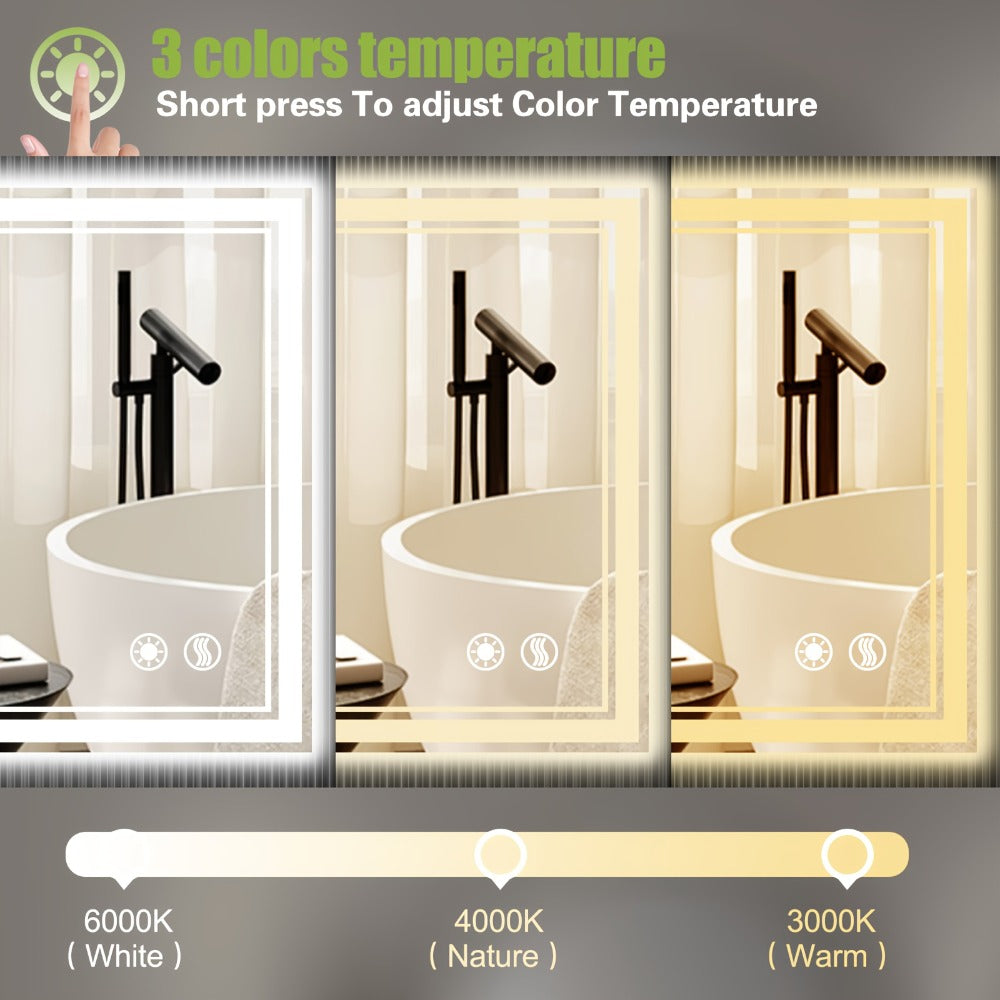 48x28 LED Bathroom Mirror with Lighting, Anti-fog, Adjustable Brightness, Backlight + Front Light, Smart Bathroom Dressing Mirror, Memory Function, Touch Screen Function, Shatterproof, Tempered Glass (horizontal/vertical)