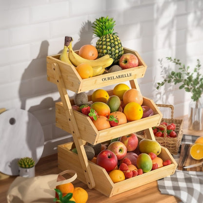 Bamboo Fruit Basket Rack for Kitchen Counter – 2 or 3 Tier Countertop Produce Storage with Ventilation, Removable Hooks & Non-Slip Pads, Natural Wood Organizer for Fruits, Vegetables & Bread
