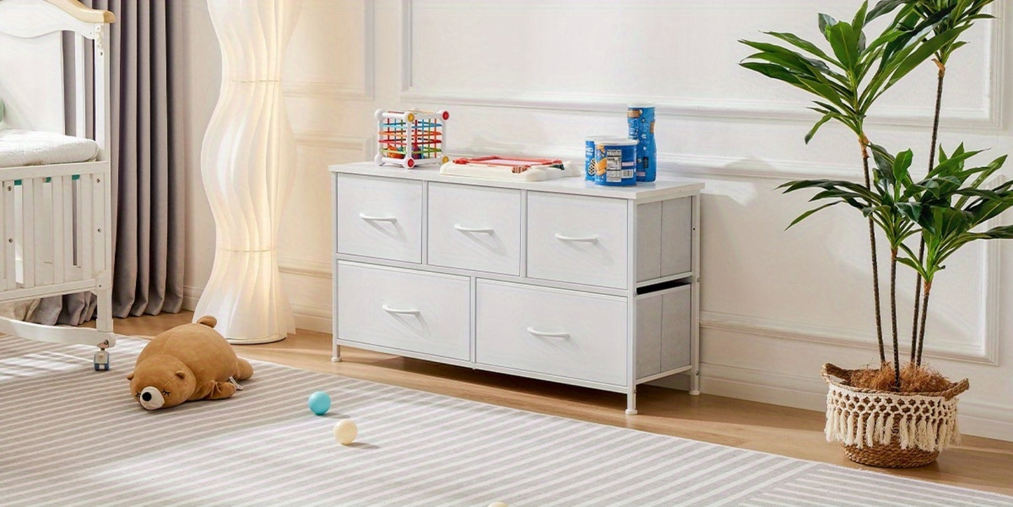 5-Drawer Dresser with Fabric Drawers & Cabinet Suitable for Bedroom, Room with Plastic Frame & Top, Low Chest Organizer Unit with Removable Bins, Space-Saving Furniture for Closet,, Hallway, Assembly