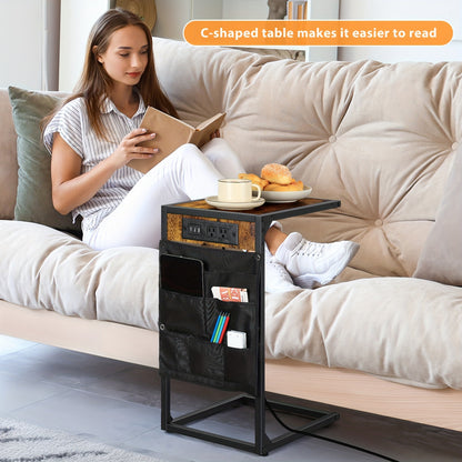 1pc/2pcs C Shaped End Table, 50LBS Capacity, Desktop Storage, Removable Table, Coffee Table Slides Under Sofa, Snack Table, Ideal for Home, Living Room, Sofa, Bedroom, Multifunctional Table, with or Without Charging Station & Storage Bag Options