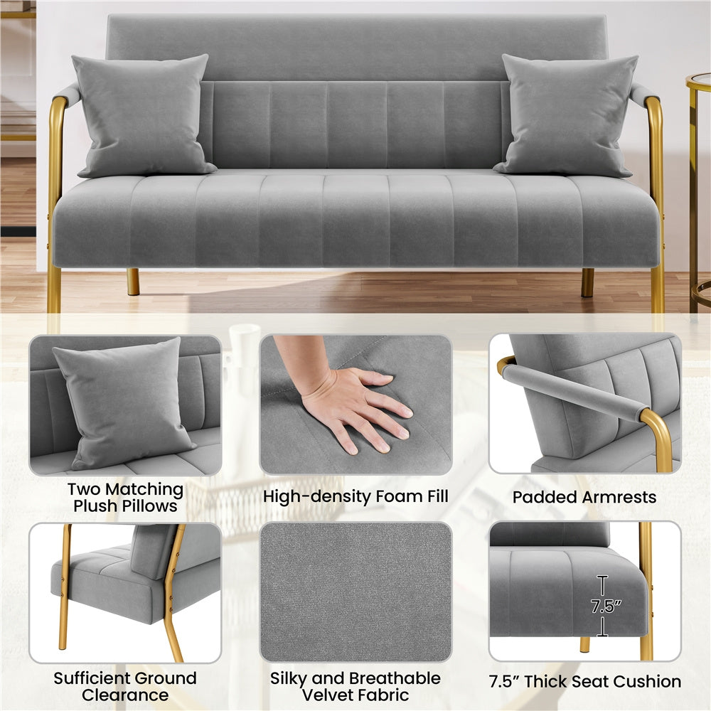 Costoffs Velvet Fabric Sofa Couch, 56.5″ W Modern Loveseat Couch with Gold-tone Metal Arms, Legs & 2 Pillows, Sofa for Living Room, Bedroom Furniture