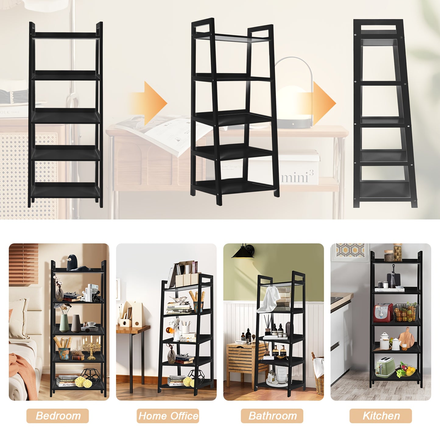5 Tier Bookshelf, Modern Open Bookcase, Ladder Bookshelf Open Storage Rack Wood Ladder Shelf, Bookcase Shelf Storage Organizer, Industrial Book Shelves for Home