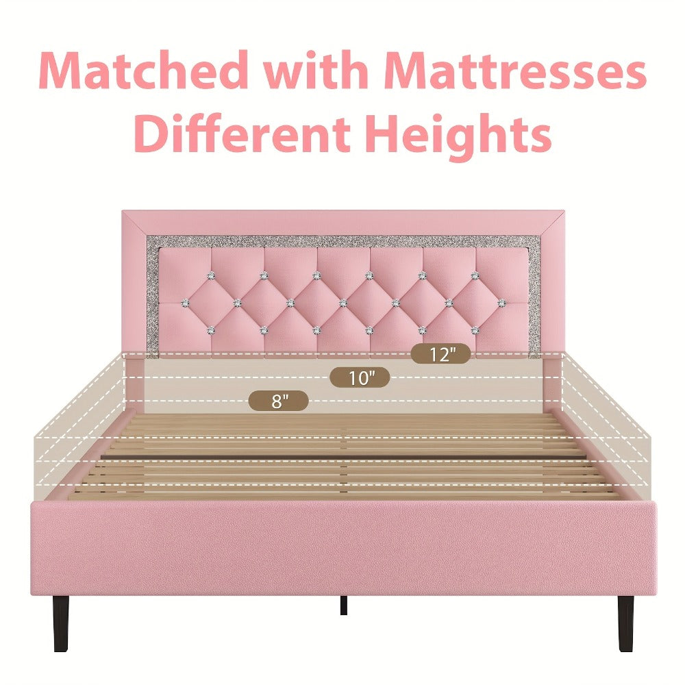 Princess Bed Frame with Diamond Tufted Headboard Twin Full Queen Soft PU Leather Wood Slats 900 lbs Capacity Easy Assembly Bedroom Furniture Pink White Black