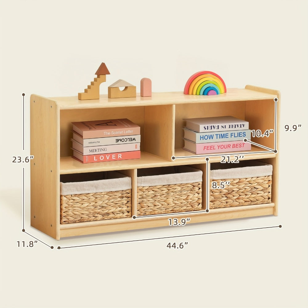 Large Wood Storage Organizer, 2-Shelf Wood Bookshelf, 5-Section Kids Bookshelf, Wooden Storage Cabinet for Classroom, Kids Bookcases And Toddler Shelf for Kids Room, Playroom, Nursery
