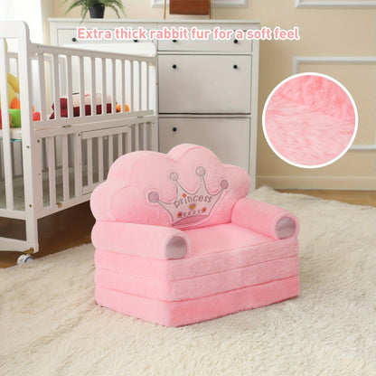 Kids Sofa Chair 2-in-1 Foldable Toddler Couch Lounger, Luxury Faux Rabbit Fur Plush Memory Foam with Pillow & Washable Cover, Nursery Playroom Seating, Birthday Gift for Girls Boys