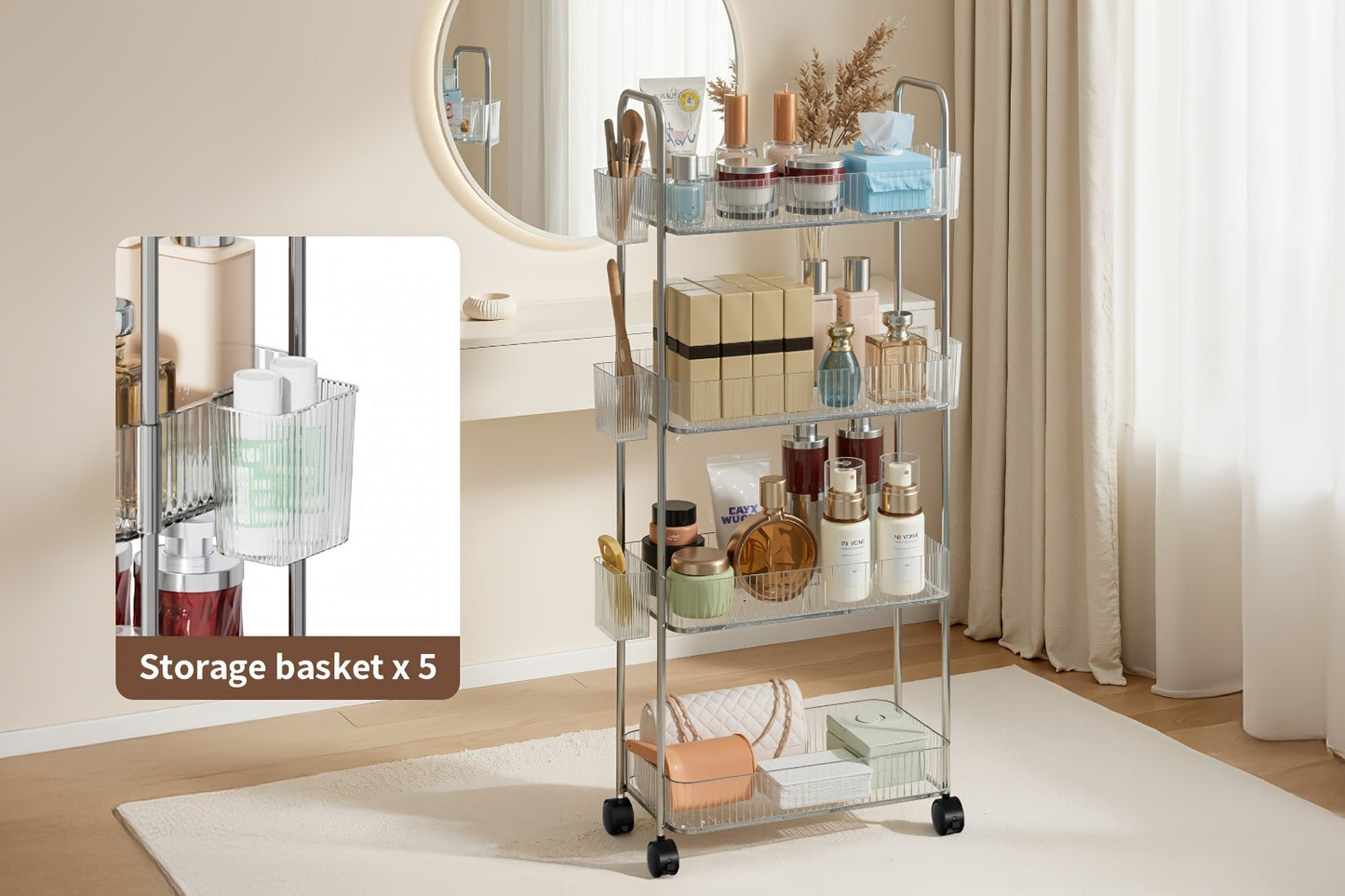 3-Tier Acrylic Rolling Storage Cart with 3 Hanging Boxes - Rolling Bathroom Cart for Cosmetics, Skincare & Snacks, 360° Wheels, Slim Utility Cart Under 27" Height