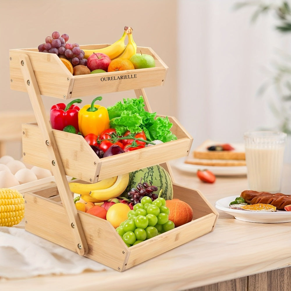Bamboo Fruit Basket Rack for Kitchen Counter – 2 or 3 Tier Countertop Produce Storage with Ventilation, Removable Hooks & Non-Slip Pads, Natural Wood Organizer for Fruits, Vegetables & Bread