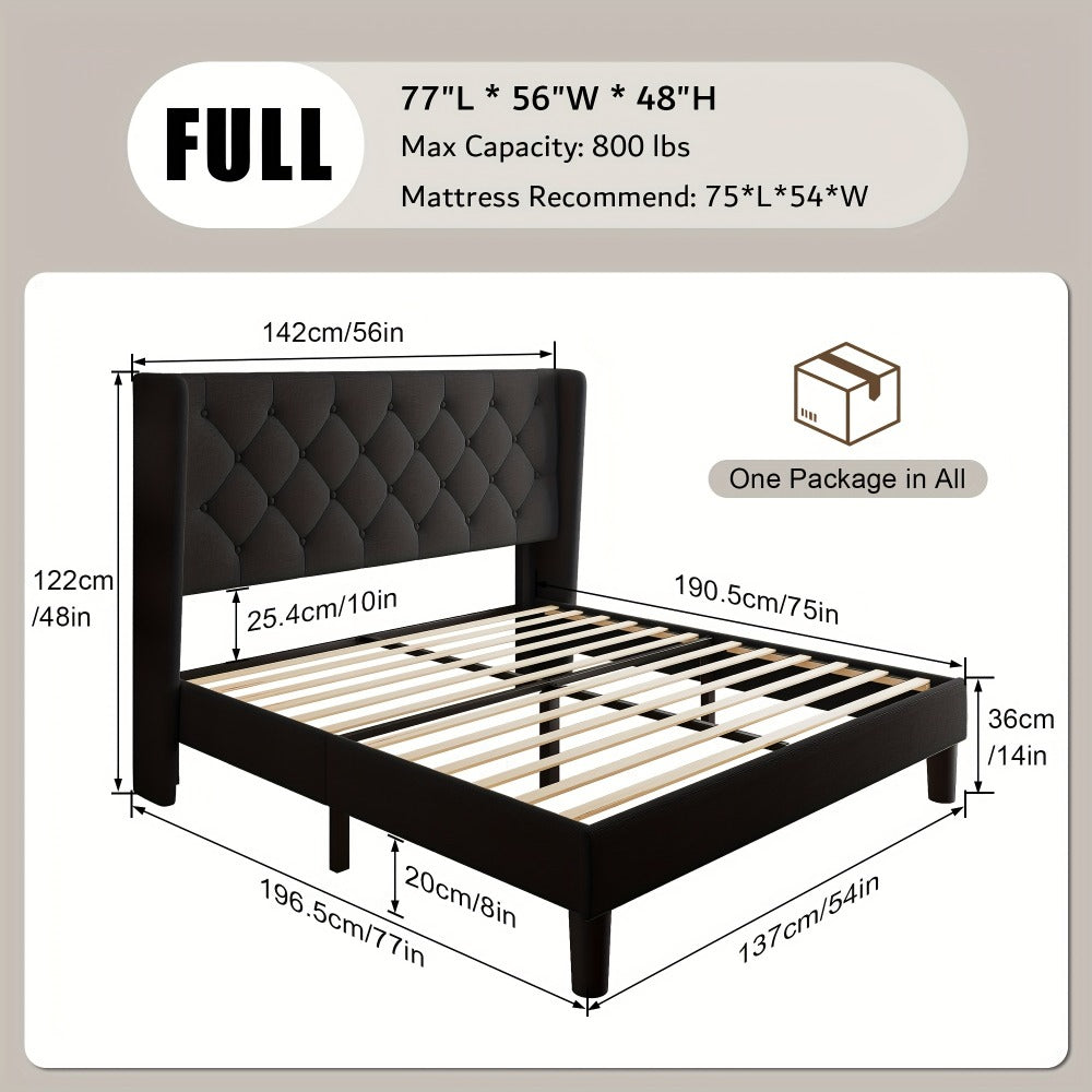 Modern Platform Bed Frame with 24-Inch Button-Tufted Headboard – Solid Wood Slats, Artistic Legs, Linen & Velvet, Dark Gray Light Grey Beige White Black, Full Queen King