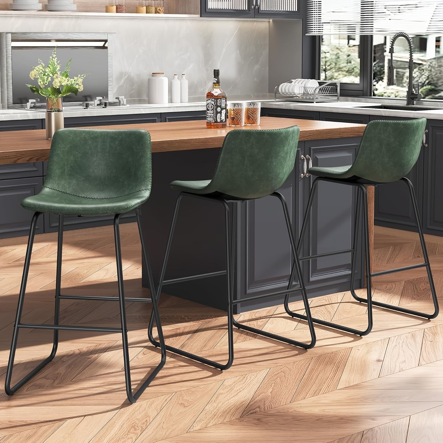 Bar Stools Set Of 3/2, Faux Leather Counter Height Bar Stools, 26" Modern Barstools With Metal Legs & Footrest, Upholstered Armless Counter Chairs With Soft Cushion Back For Kitchen Island, Living Room
