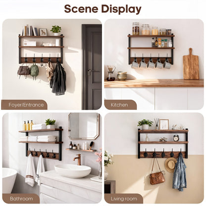 Double Layer Metal Clothes Rack, Wall-Mounted or Freestanding Garment Rack Space Saving Coat Hanger Stand for Bedroom Entryway Living Room Office, Walnut Finish