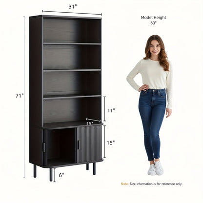 71 Inch Bookcase 4 Shelves Bookcase With Storage Cabinets And Adjustable Storage Shelves With Sliding Doors And Adjustable Feet For Home Office, Living Room Walnut