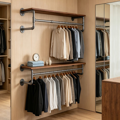 Wall Mounted Industrial Pipe Clothes Rack with Top Wood Shelf and 3 Hooks 66 Lb Capacity Heavy Duty Garment Rack for Bedroom Closet Entryway 39.3 Inch