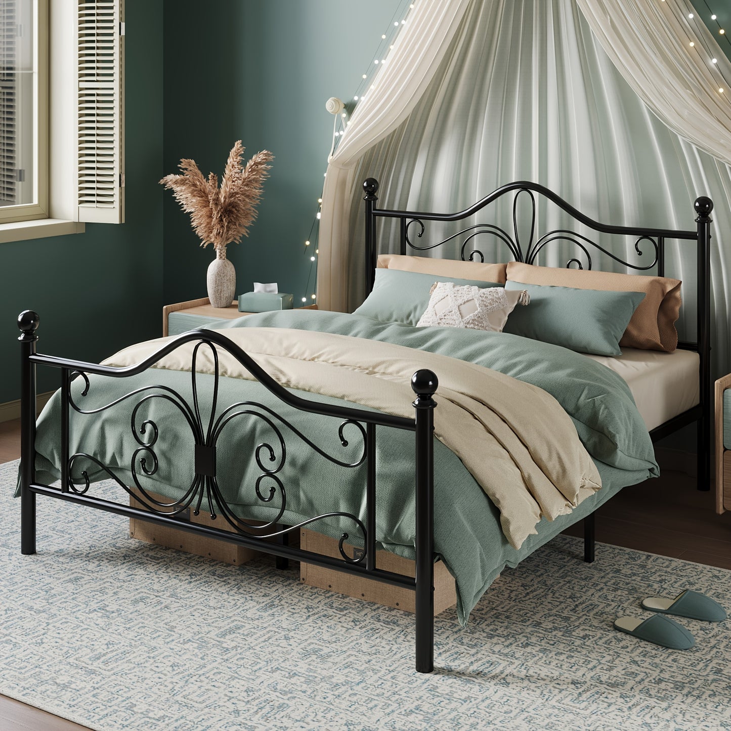 Metal Platform Bed Frame with Butterfly Pattern Headboard & Footboard – No Box Spring Required, Easy Assembly | Modern Decorative Bed Frame for Bedroom | Furn Mivo