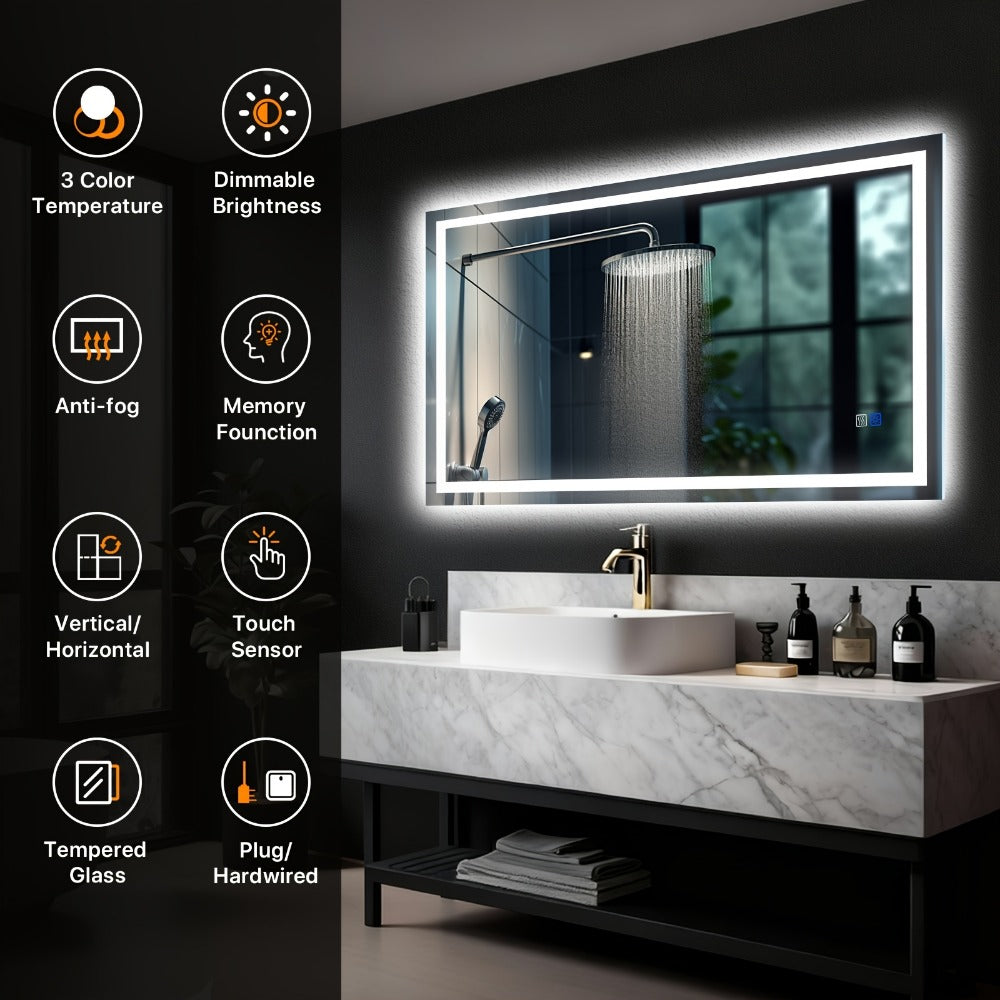 LED Bathroom Mirror 24x36 Inch with Front & Backlight Anti-Fog Dimmable, 3 Color Temperatures Memory Function Shatter-Proof Tempered Glass Vanity Wall Mirror Horizontal Vertical