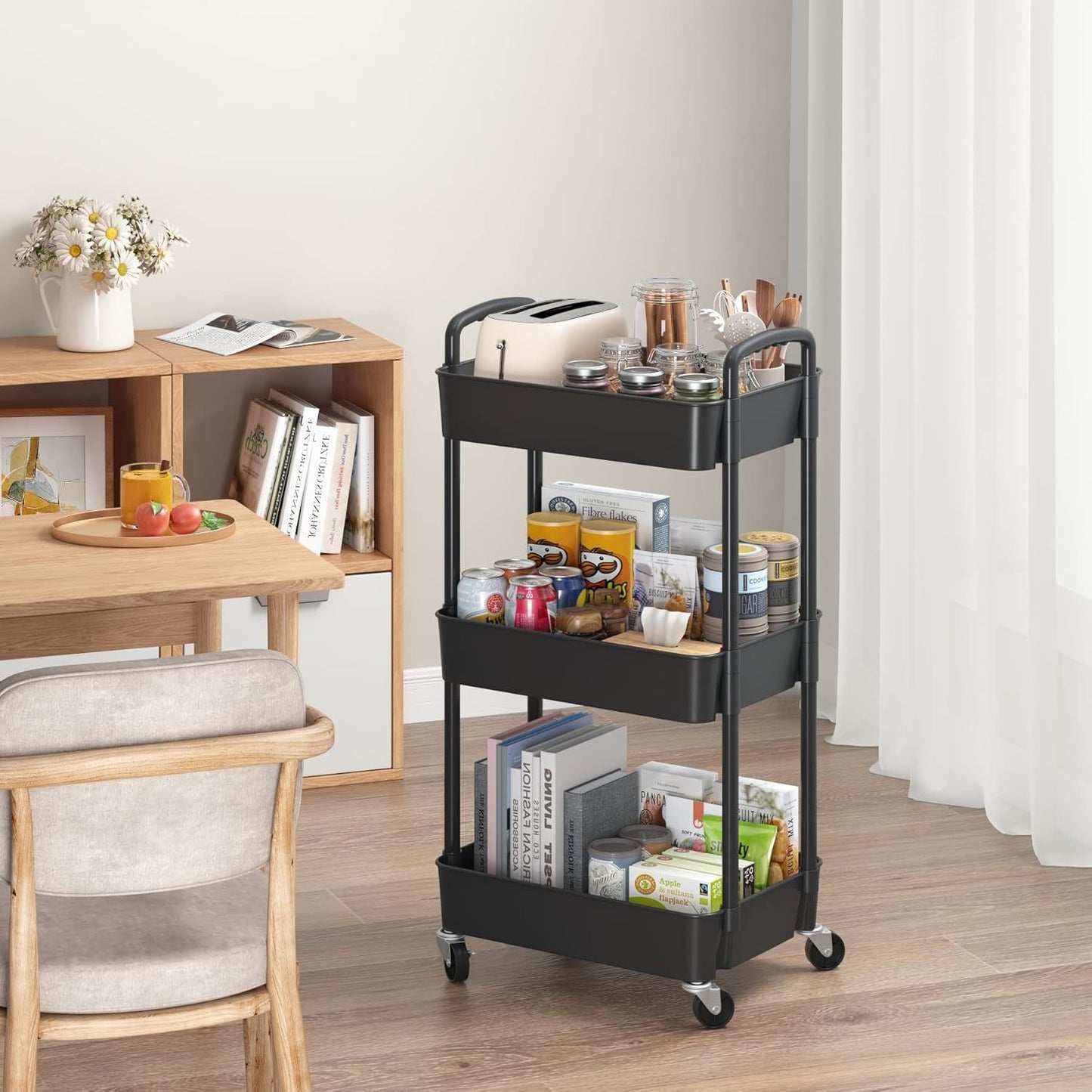 3-Tier Plastic Rolling Utility Cart with Handle, Multi-Functional Storage Trolley for Office, Living Room, Kitchen, Movable Storage Organizer with Wheels