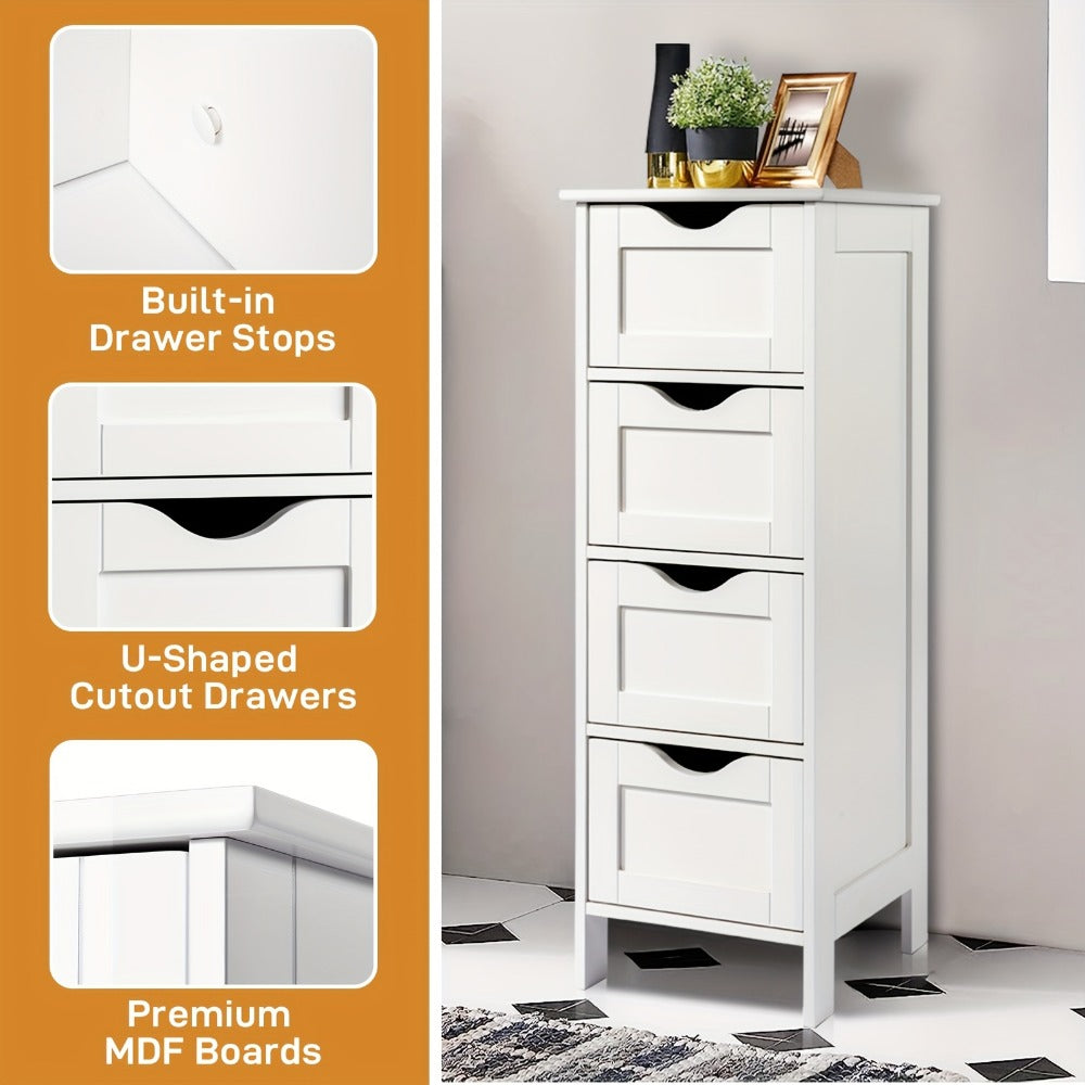 4 Drawer Storage Cabinet White Compact MDF Space Saving Drawer Unit for Bathroom Bedroom Closet Daily Organization