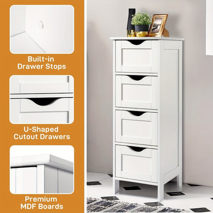 4 Drawer Storage Cabinet White Compact MDF Space Saving Drawer Unit for Bathroom Bedroom Closet Daily Organization
