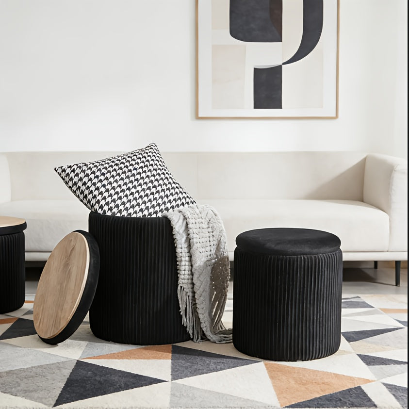 Set Of 2 Round Storage Ottomans with Lids - Upholstered Vanity Stools, Hidden Storage Benches for Living Room, Sturdy Coffee Table Alternative, Easy Assembly