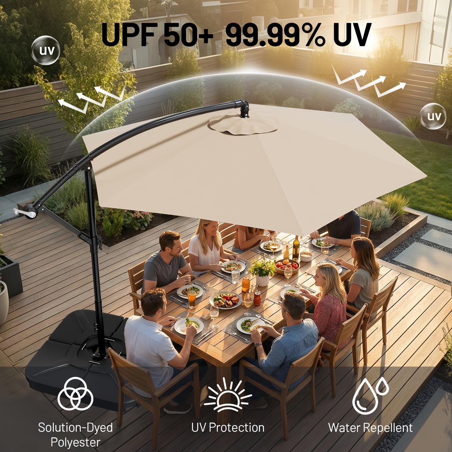 10-Foot Patio Umbrella, Cantilever Style for Outdoor Use, Featuring an Adjustable Tilt And Crank Mechanism, Supported by 8 Robust Ribs, Designed for Durability with Wind-Resistant UV Protection, Perfect for Pool Decks, Lawns, Backyards, And Gardens
