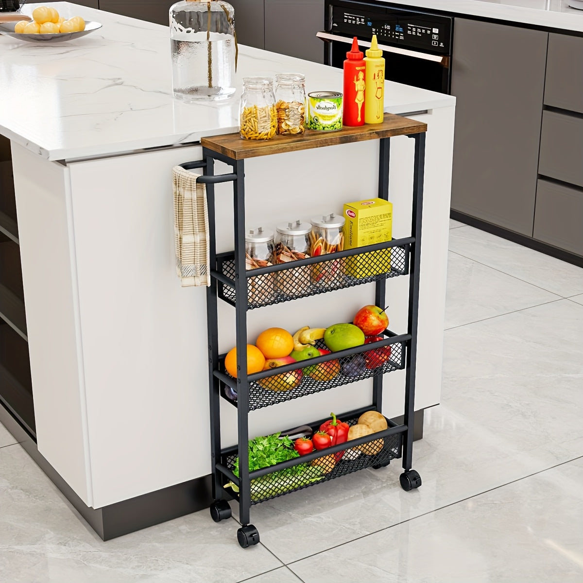 4 Tier Narrow Storage Cart, Metal Rolling Cart with Wheels and Wooden Top for Kitchen, Dining Room, Living Room, Home Office, Black, Assembly Required