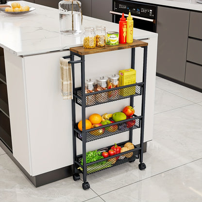 4 Tier Narrow Storage Cart, Metal Rolling Cart with Wheels and Wooden Top for Kitchen, Dining Room, Living Room, Home Office, Black, Assembly Required
