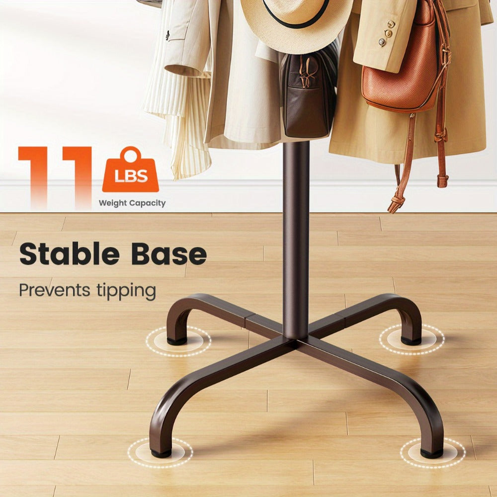 Adjustable Coat and Hat Rack with 14 Hooks and 4 Height Settings, Freestanding Metal Clothes Hanger Stand for Entryway Bedroom Home Office, Holds Hats Coats Bags Outdoor Gear, Brown Natural Wood Finish