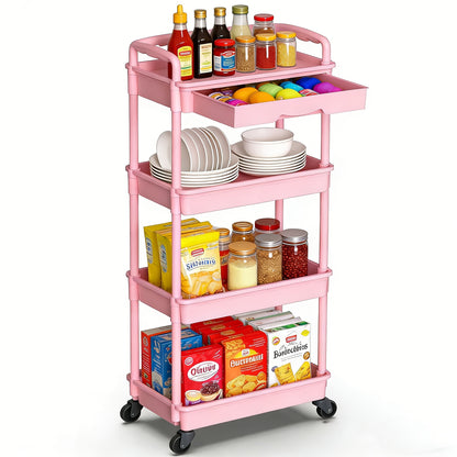 [Wedding Decorations Gift] Multi-Functional 3/4 Tier Rolling Storage Cart With Drawers - Durable Plastic Organizer With Lockable Wheels, Cup Holder & Hooks-Space-Saving Solution For Kitchen, Bathroom, Living Room - Ideal For Kitchen Accessories, Wedding D