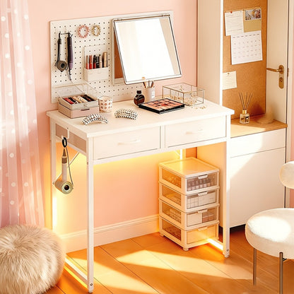 Vanity Desk with Lights & Drawers – Small Makeup Dressing Table with LED Mirror Light, Fiber Drawers for Bedroom Home Study, 32" & 42" White & Black