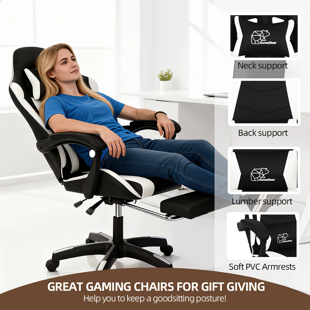 Gaming Chair, Ergonomic High Back Reclining PU Leather Computer Chair, for Adults Teens Office Gaming Use, with Headrest Lumbar Support Fixed Armrest Adjustable Swivel Rolling Footrest Racing Style Multicolor (w/ Footrest/ W/o Footrest)