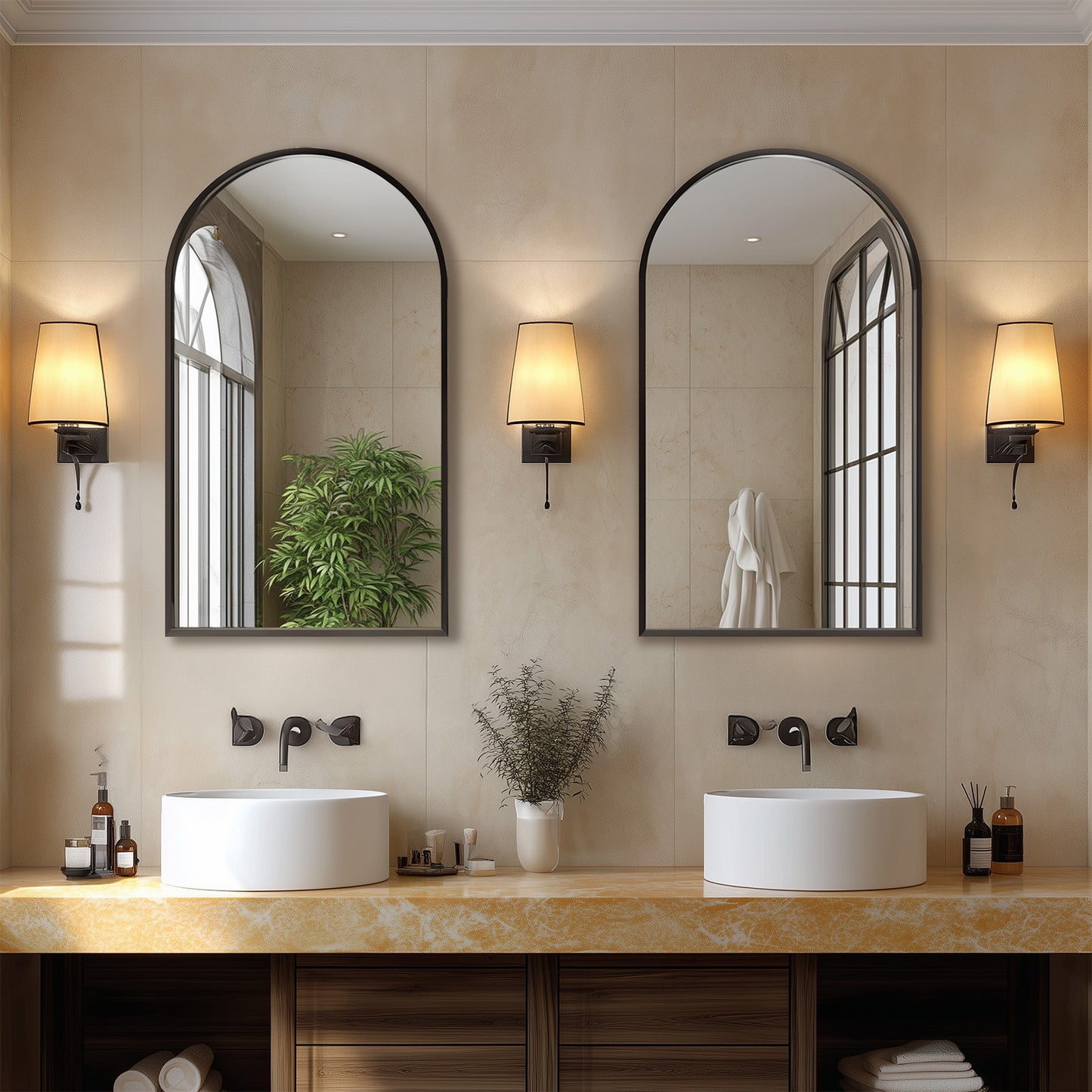 JHK Elegant Arched Bathroom Mirror, 22x 30/ 24x36/ 26x38 In Wall-mounted Vanity Makeup Mirror with Metal Frame, for Bedroom, Entryway, Living Room, Gold/Black