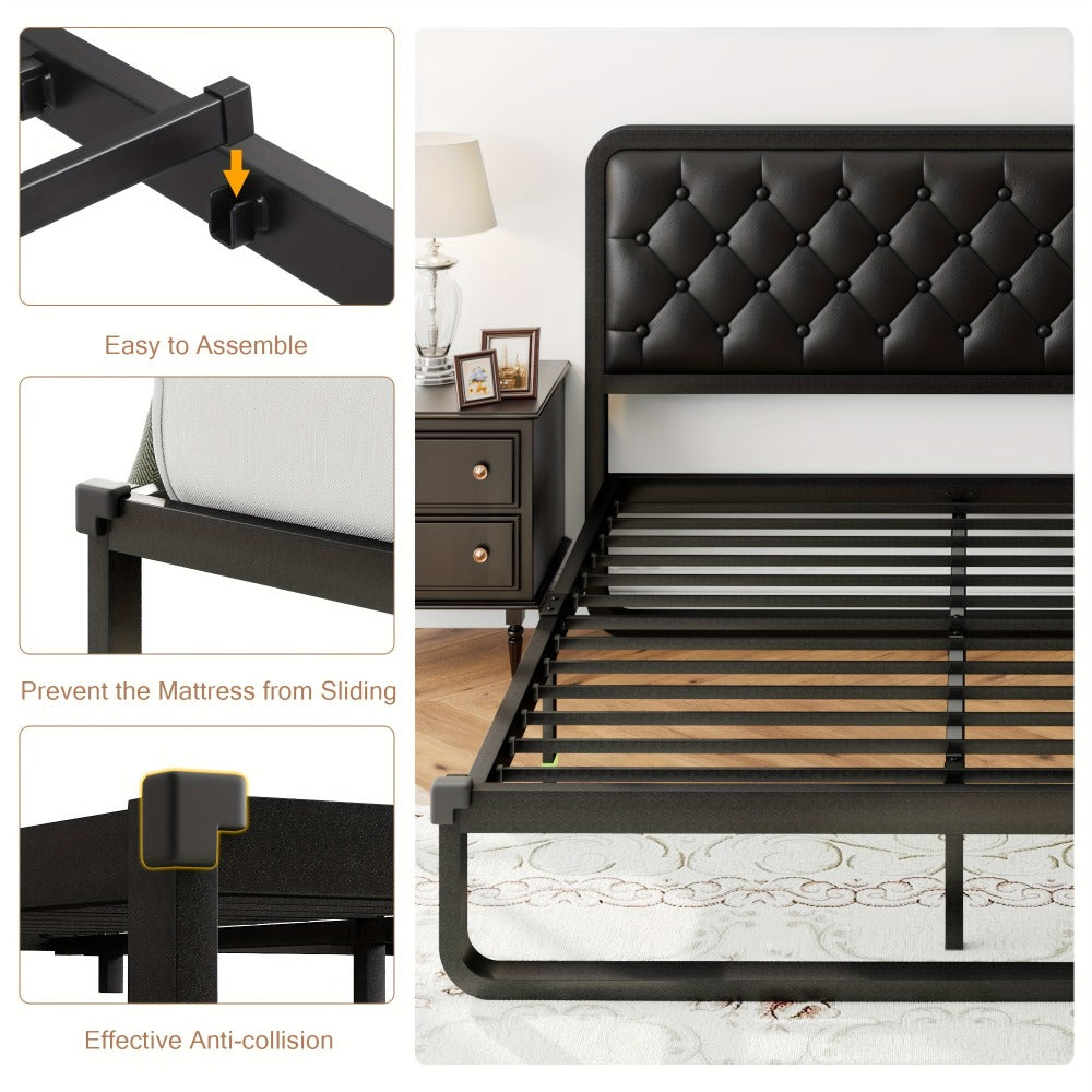 Platform Bed Frame with Button-Tufted Headboard – Black Faux Leather or Dark Grey Linen, 12-Inch Under Bed Storage, Full Queen