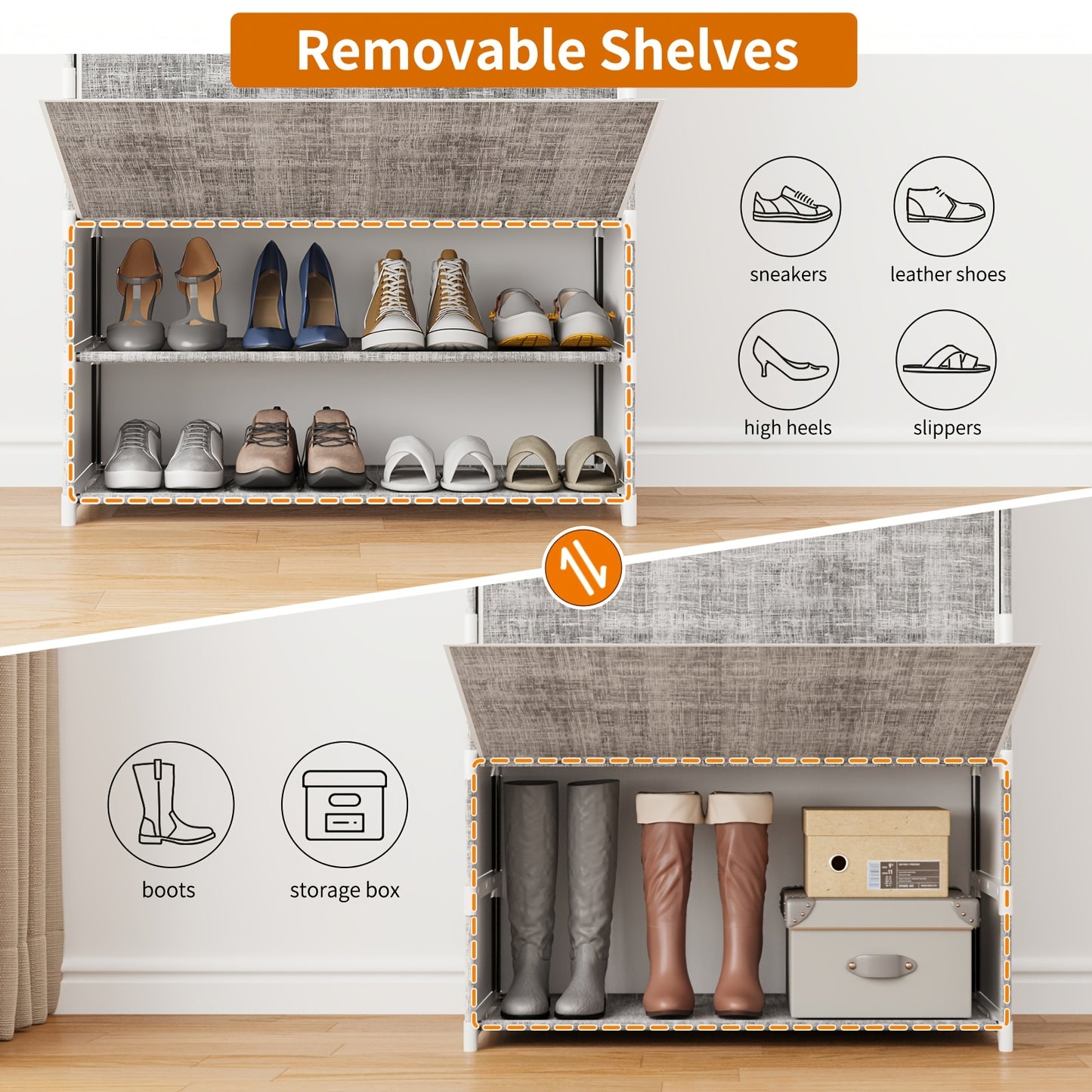 TOMNK 1pc Shoe Rack with Cover, 7 Tier 6 Grids Shoe Organizer, Large Capacity Shoe Shelf, Flip-style Shoe Rack for Closet, Entryway, Garage, Black/Gray