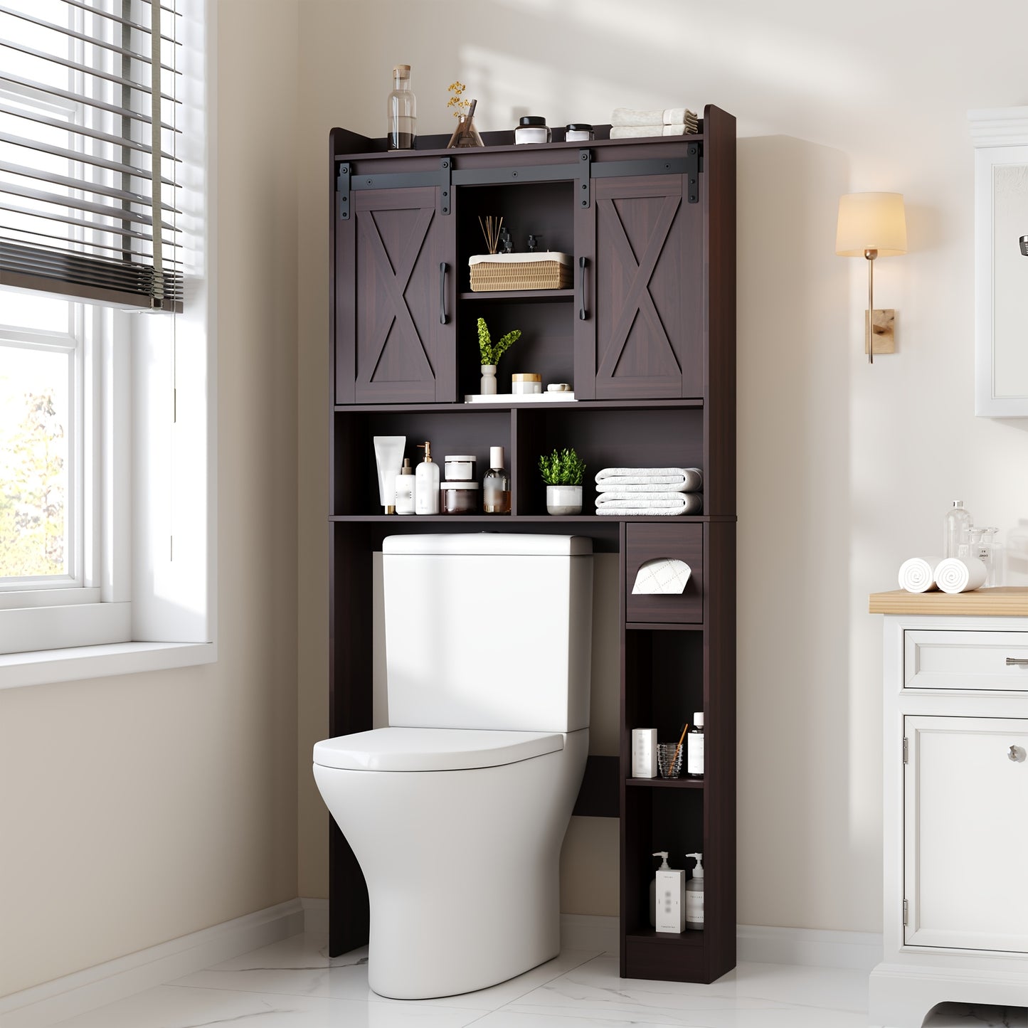 Over-The-Toilet Storage Cabinet with Toilet Paper Holder Stand - Space-Saving -Standing Bathroom Shelf, /Plywood Suitable for Bathroom, Restroom, Laundry Room, Modern with Assembly (No Wall-Mount)