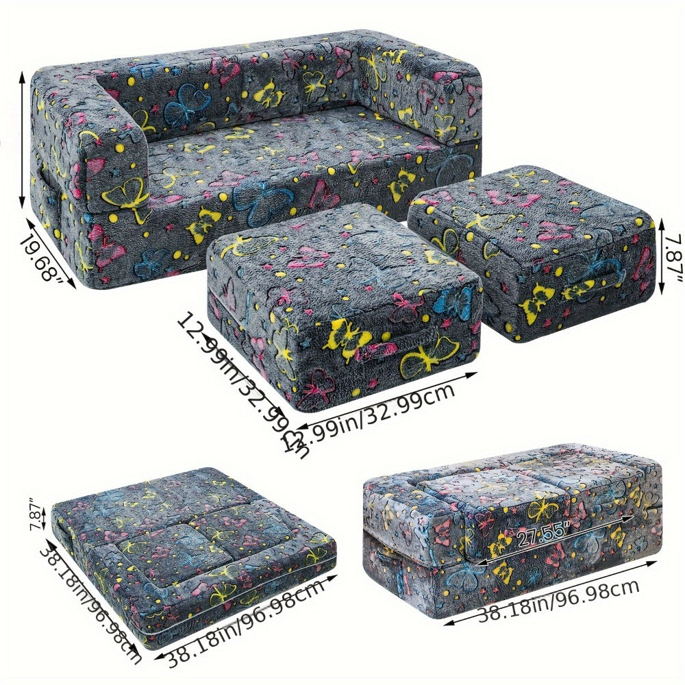 Folding Sofa Bed with LED Lights Multifunctional Convertible Sofa Cushion Floor Couch for Game Room Bedroom Living Room, Luminous Lazy Sofa Sleeper Chair Fold Out Bed